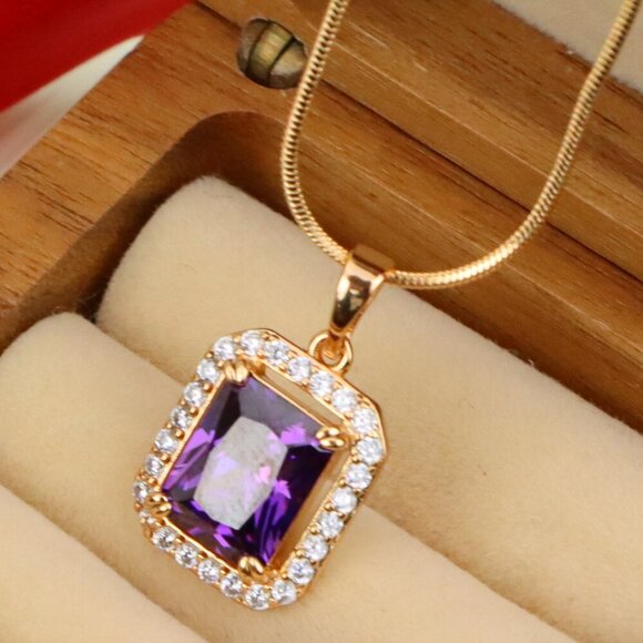 "Purple Crystal Rose Gold Pendant with Sparkling White Stone Frame, XPPT1274 - Picture 1 of 13